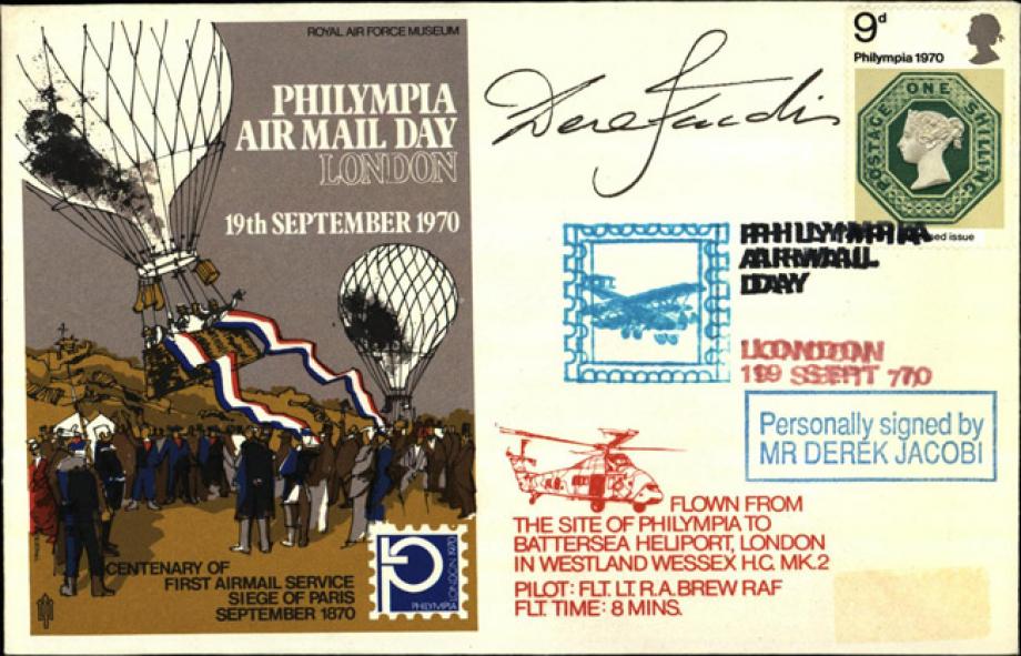 Philympia Air Mail Day cover Sgd Derek Jacobi