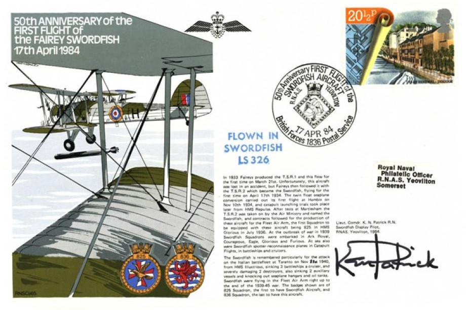 Fairey Swordfish cover Signed by Lt Cdr K.N Patrick a Swordfish Display Pilot in 1984