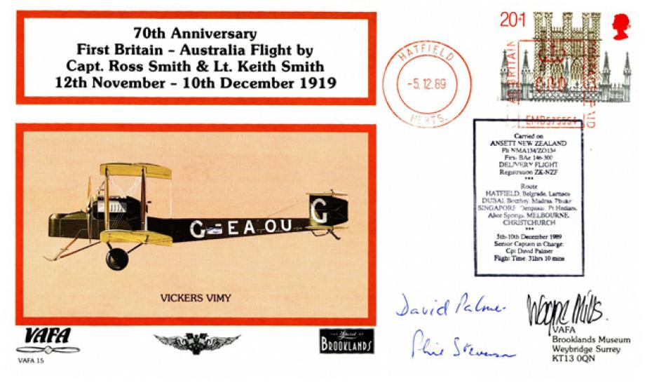 Vickers Vimy cover Sgd D Palmer W Mills and P Stevenson