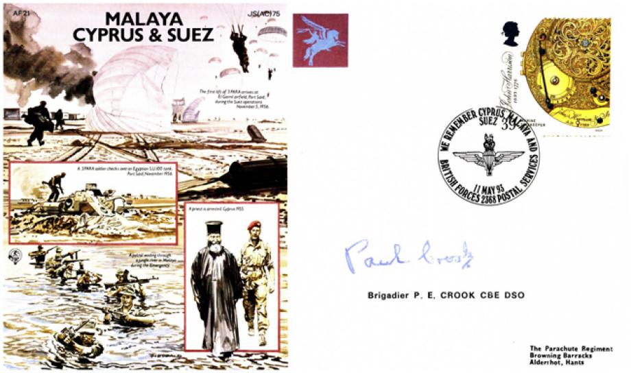 Malaya, Cyprus and Suez cover Signed Brig P E Crook