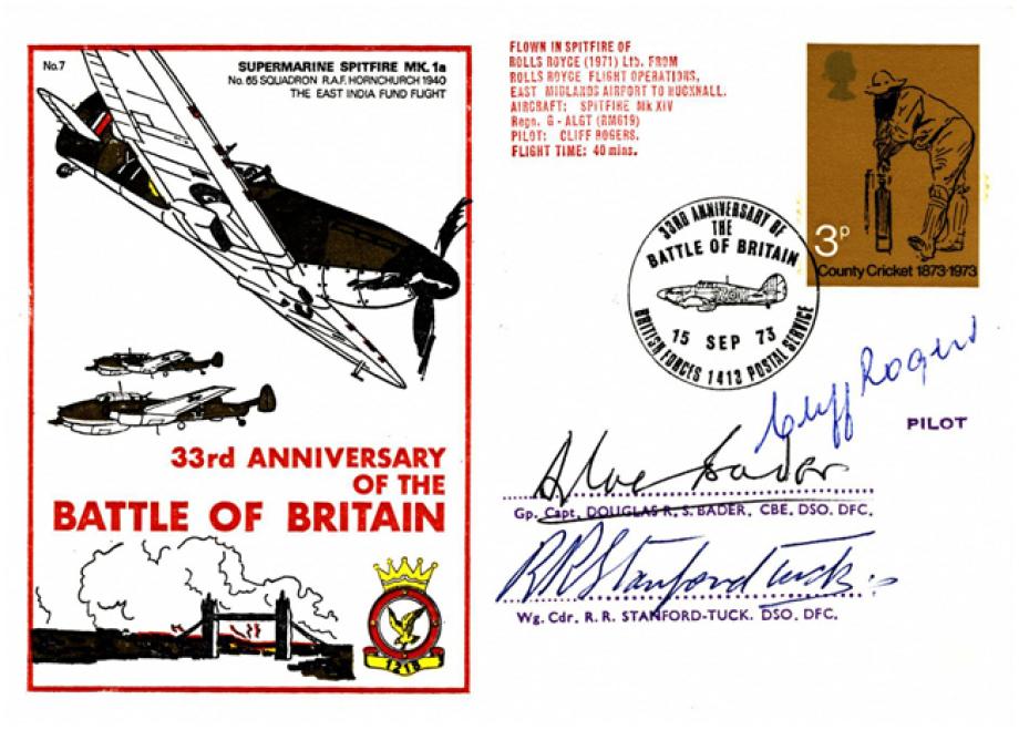 Battle of Britain 33rd Anniversary cover Sgd D Bader and Stanford-Tuck
