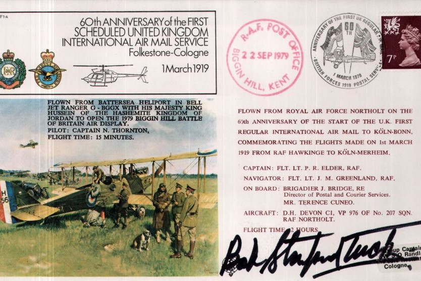First Scheduled UK International Air Mail Service Cover Signed BoB Pilot Bob Stanford-Tuck