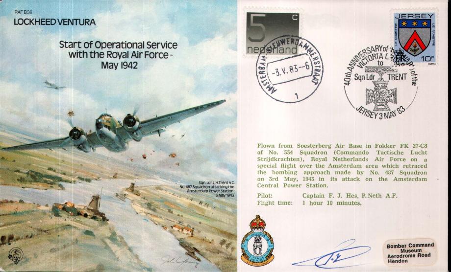 Lockheed Ventura cover Signed captain F J Hes