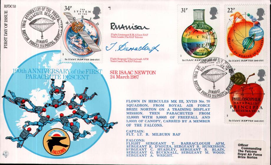 First Parachute Descent FDC Signed by Fl Lt R M Allison and Fl Sgt T Barraclough of the RAF Falcons