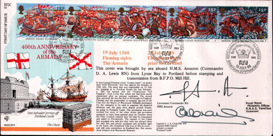 Anniversary of the Armada FDC Signed by Lt Com D A Lewis and Cap C J S Craig