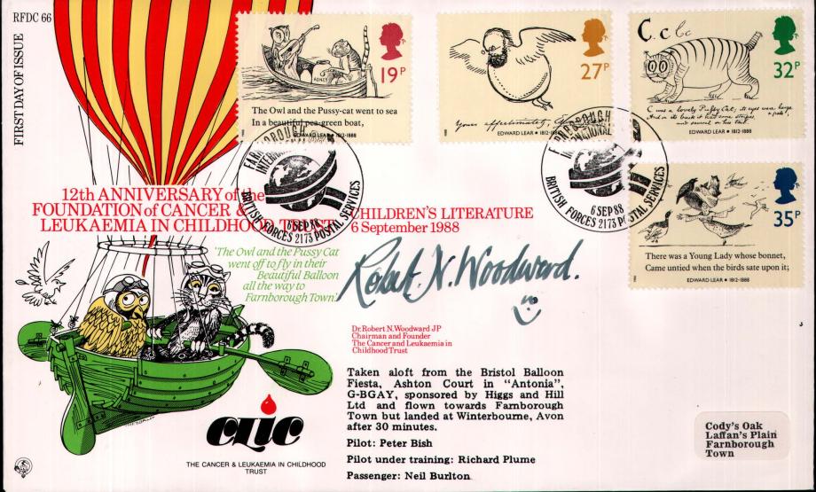 Children's Literature FDC Flown in Balloon 'Antonia'  Signed by Dr R N Woodward