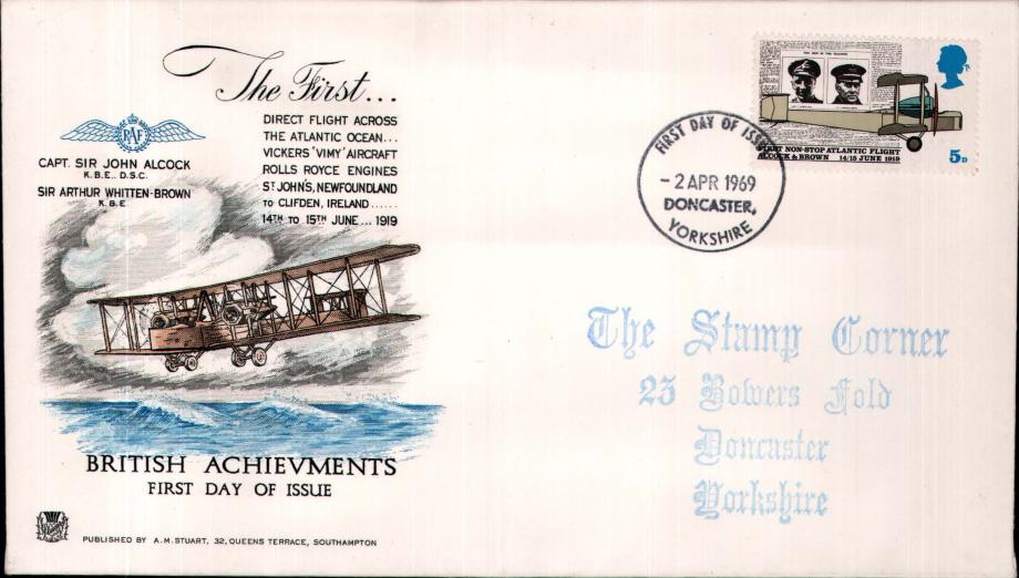 British Achievements FDC Showing Vickers Vimy  1 Doncaster FDI postmark  2  Enfield FDI postmark