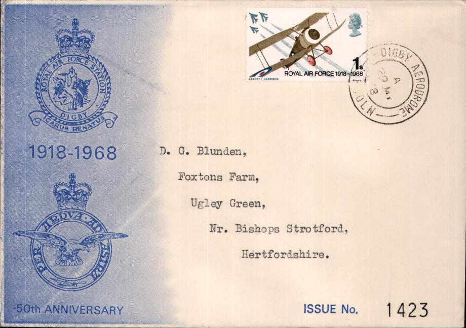 RAF Golden Jubilee - 29th May 1968 FDC Digby Aerodrome postmark
