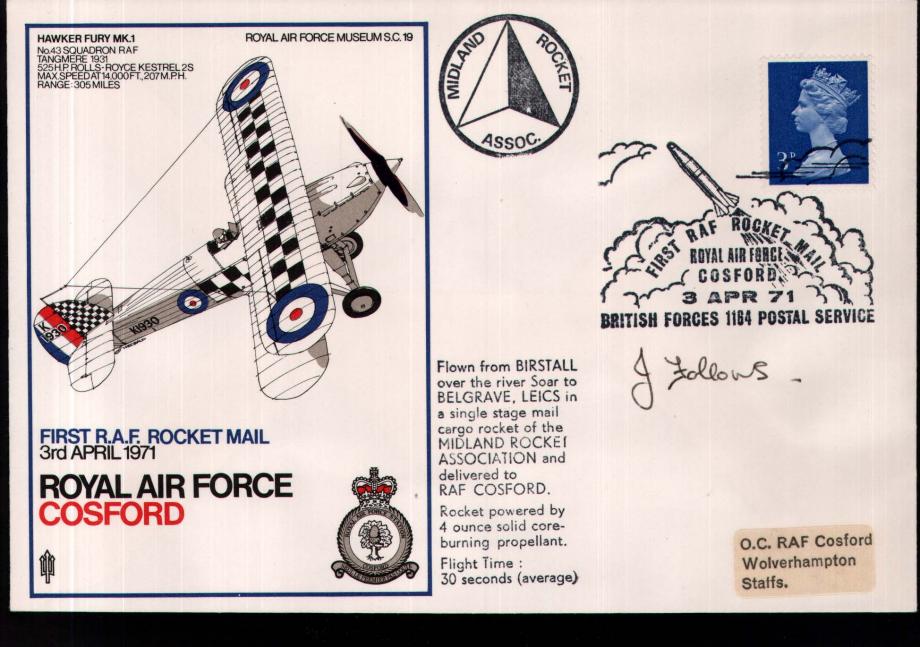 First RAF Rocket Mail 1971 cover Sgd J Follows