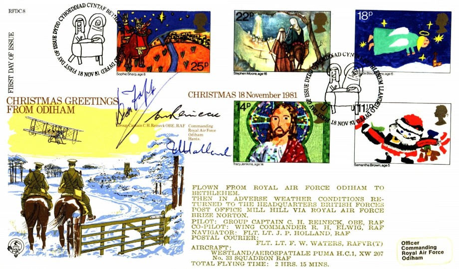 Christmas 18th Nov 1981 FDC Sgd by C H Reineck J P Holland and D Fopp a BoB Pilot with 17 Squadron