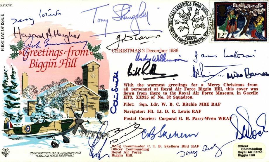 Christmas 1986 - Greetings from Biggin Hill FDC Sgd by WC Skellern Bill Randle and 14 unknown sigs