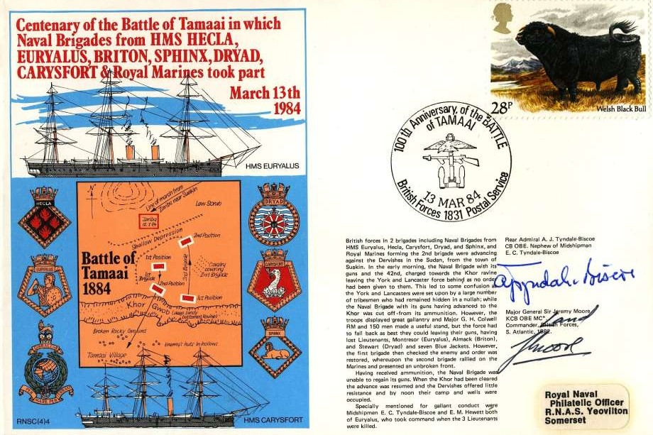 Battle of Tamaii from HMS Hecla, Euryalus, Briton, Sphinx, Carysfort cover  Signed by Major General Sir Jeremy Moore the Commander of British Land Forces in the South Atlantic 1982, The Falklands Conflict and Rear Admiral A J Tyndale-Biscoe the nephew of 