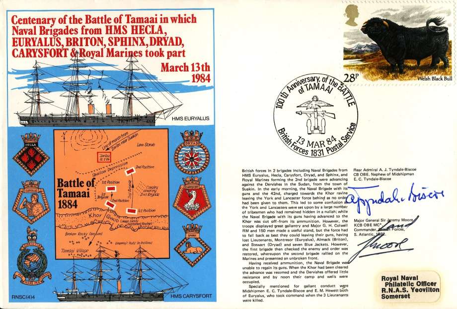 Battle of Tamaii from HMS Hecla, Euryalus, Briton, Sphinx, Carysfort cover  Signed by Major General Sir Jeremy Moore the Commander of British Land Forces in the South Atlantic 1982, The Falklands Conflict and Rear Admiral A J Tyndale-Biscoe the nephew of 