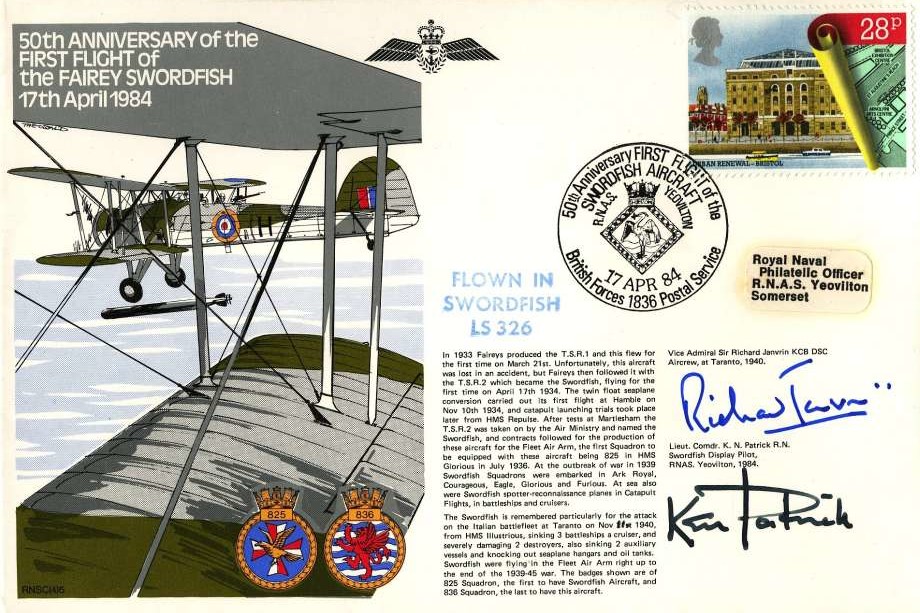 Fairey Swordfish cover Signed by Lt Cdr K.N Patrick a Swordfish Display Pilot in 1984 and Vice Admiral Sir Richard Janvrin who was Aircrew at Taranto