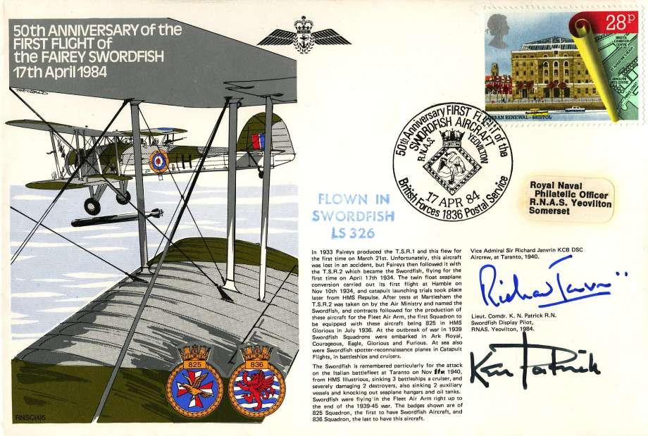 Fairey Swordfish cover Signed by Lt Cdr K.N Patrick a Swordfish Display Pilot in 1984 and Vice Admiral Sir Richard Janvrin who was Aircrew at Taranto