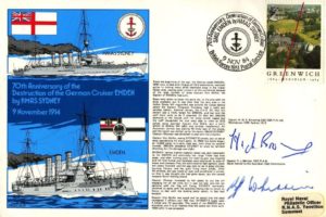 Destruction of the German Cruiser Emden by HMAS Sydney cover Signed by Captain R J Whitten the Naval Adviser to the Australian High Commission and Captain H W S Browning who was a Midshipman on HMS Sydney in 1919
