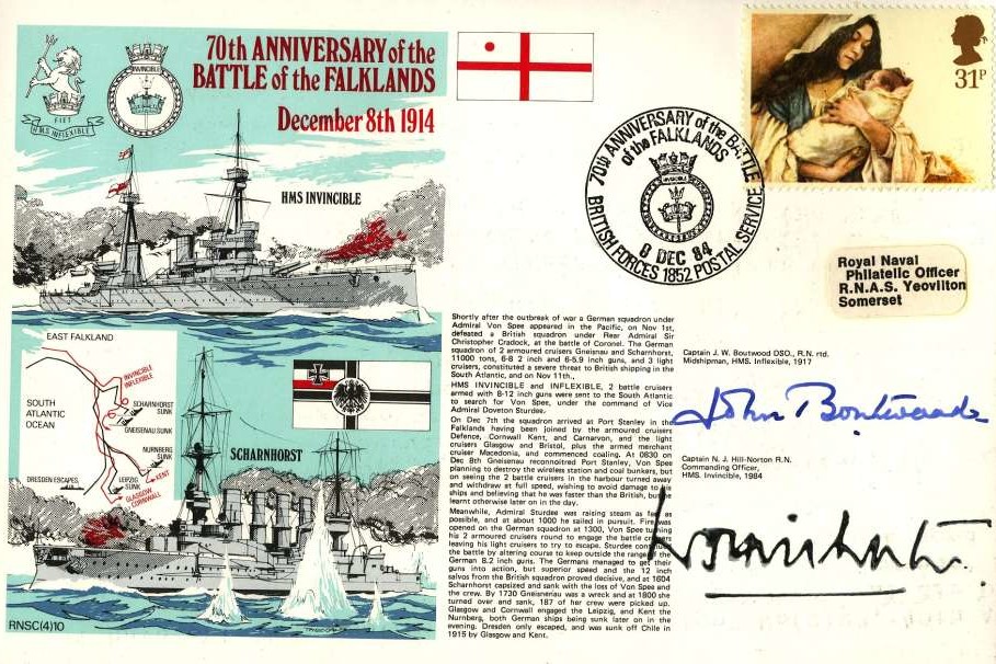 Battle of the Falklands 1914 cover Signed by Captain N J Hill-Norton the CO of HMS Invincible 1984 and Captain J W Boutwood who was a Midshipman with HMS Invincible in 1917