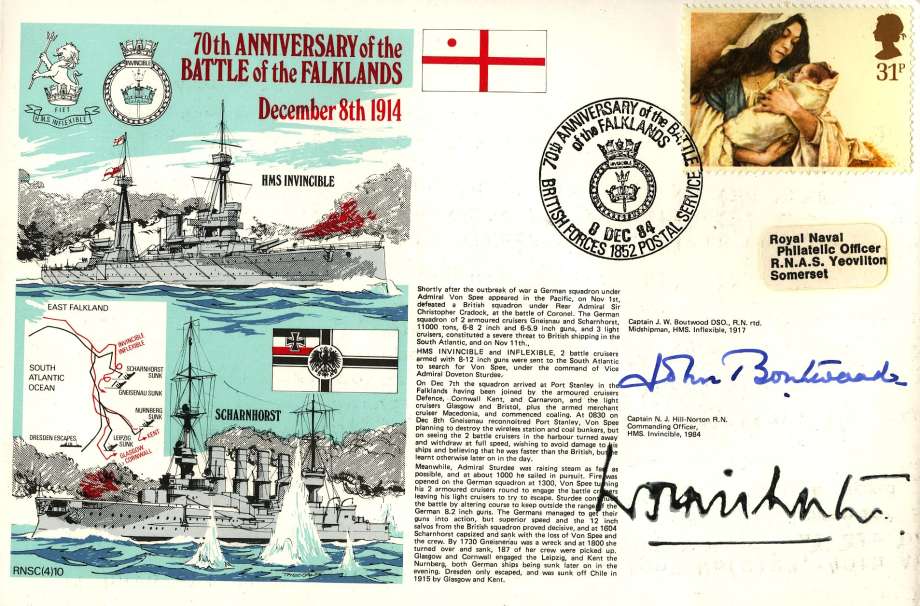 Battle of the Falklands 1914 cover Signed by Captain N J Hill-Norton the CO of HMS Invincible 1984 and Captain J W Boutwood who was a Midshipman with HMS Invincible in 1917