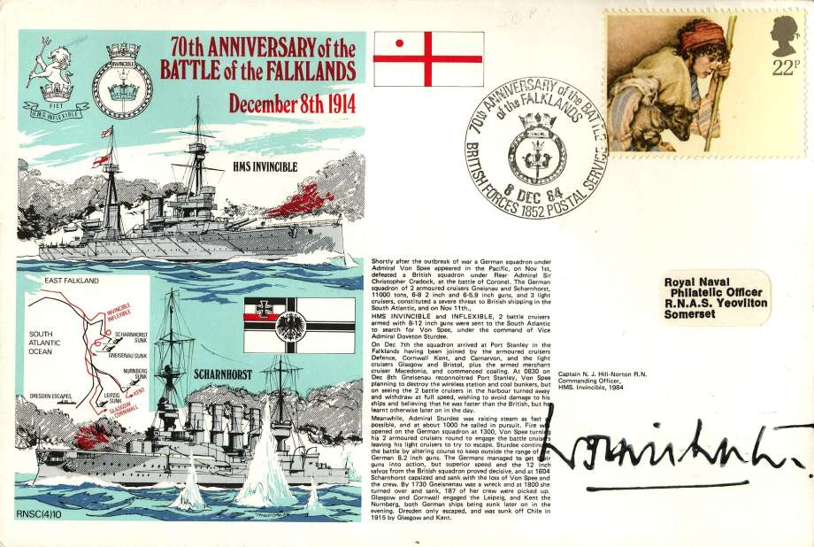 Battle of the Falklands 1914 cover Signed by Captain N J Hill-Norton the CO of HMS Invincible 1984