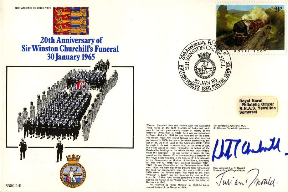 Sir Winston Churchill's Funeral cover Signed by  Mr Winston Churchill MP the Grandson of Sir Winston Churchill and Rear Admiral J J R Oswald the Funeral Gun Carriage Officer