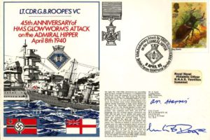 HMS Glowworm's Attack on the Admiral Hipper cover Signed by A Harris who was a Leading Stoker with HMS Glowworm in the action and Lt Cdr M G B Roope the son of the late Lt Cdr G B Roope