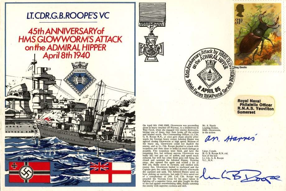 HMS Glowworm's Attack on the Admiral Hipper cover Signed by A Harris who was a Leading Stoker with HMS Glowworm in the action and Lt Cdr M G B Roope the son of the late Lt Cdr G B Roope