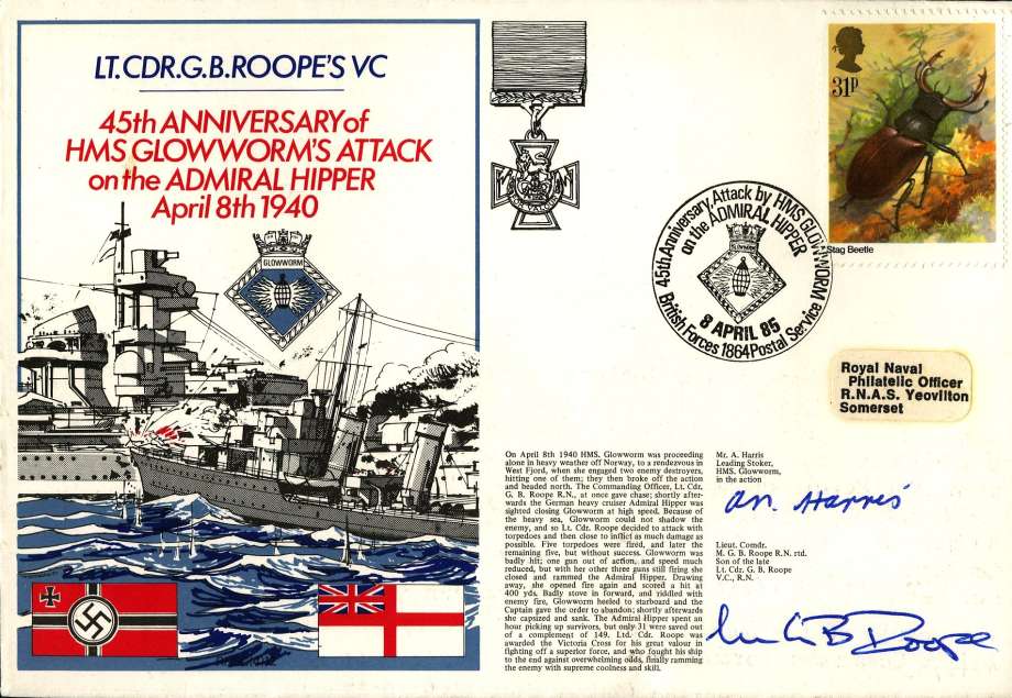 HMS Glowworm's Attack on the Admiral Hipper cover Signed by A Harris who was a Leading Stoker with HMS Glowworm in the action and Lt Cdr M G B Roope the son of the late Lt Cdr G B Roope