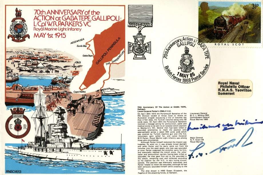 Action at Gaba Tepe Gallipoli cover Signed by Lt General M C L Wilkins the Commandant General of the Royal Marines 1985 and Major General N F Grant Royal Marines