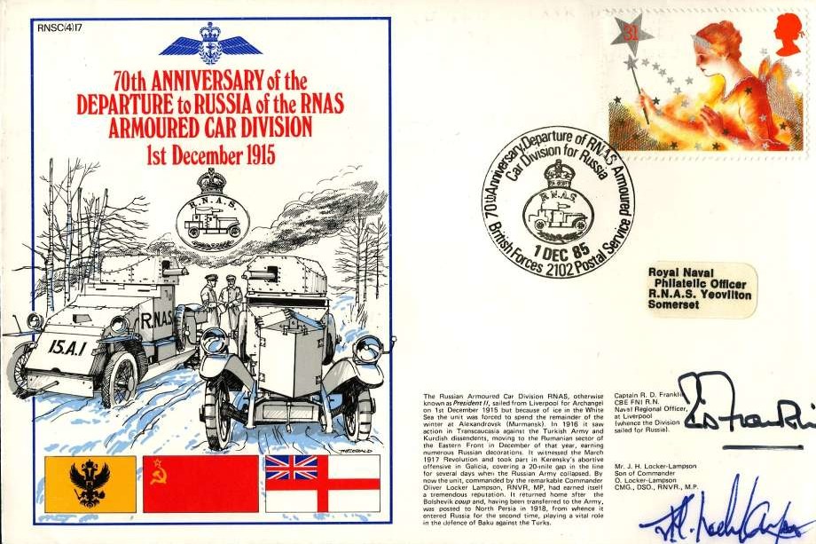 RNAS Armoured Car Division cover Signed by Captain R D Franklin the Naval Regional Officer at Liverpool and J H Locker-Lampson the son of Commander O Locker-Lampson