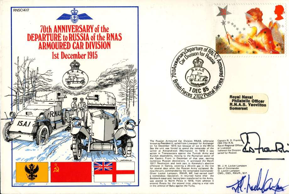 RNAS Armoured Car Division cover Signed by Captain R D Franklin the Naval Regional Officer at Liverpool and J H Locker-Lampson the son of Commander O Locker-Lampson