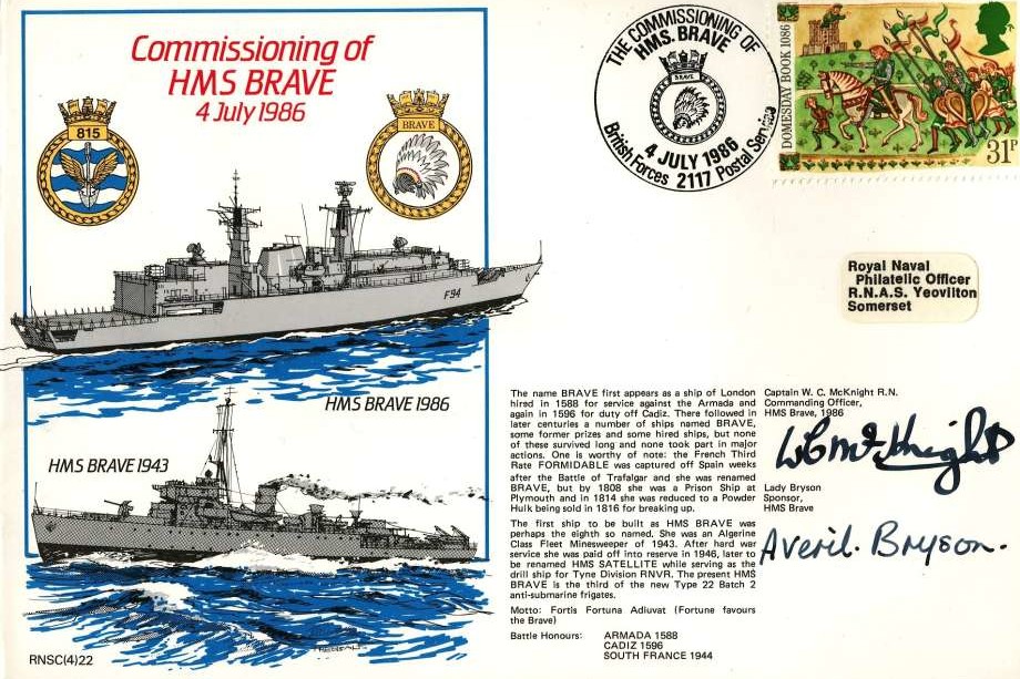 HMS Brave cover Signed by Lady Bryson the Sponsor for HMS Brave and Captain W C McKnight the CO of HMS Brave 1986