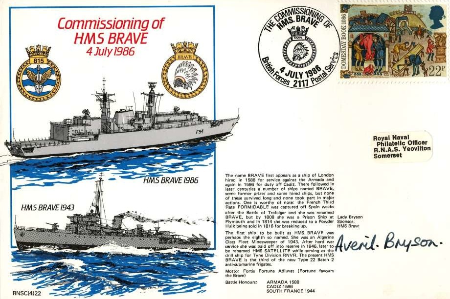 HMS Brave cover Signed by Lady Bryson the Sponsor for HMS Brave