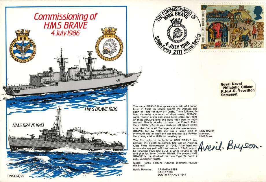 HMS Brave cover Signed by Lady Bryson the Sponsor for HMS Brave