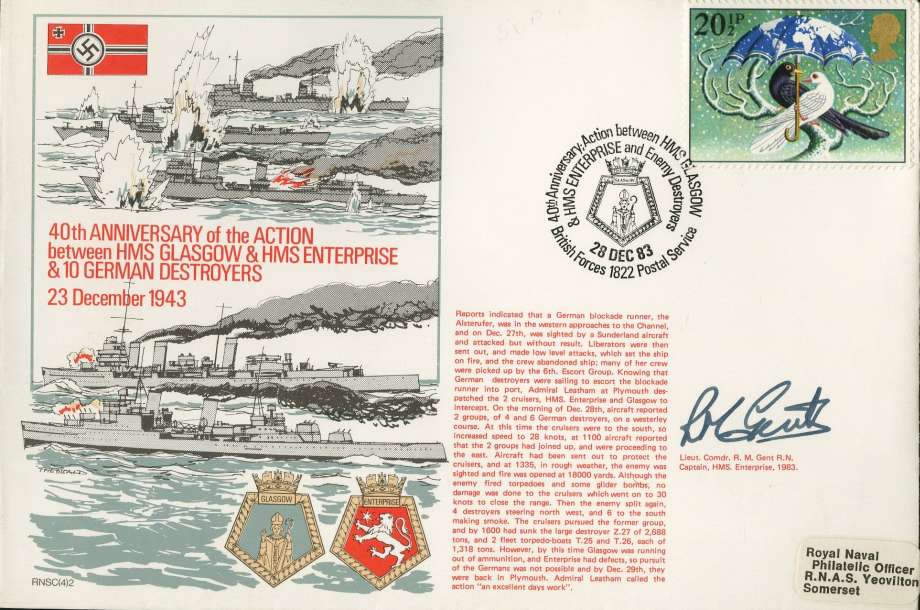 HMS Glasgow and HMS Enterprise and 10 German Destroyers cover Signed by Lt Cdr R M Gent the Captain of HMS Enterprise 1983