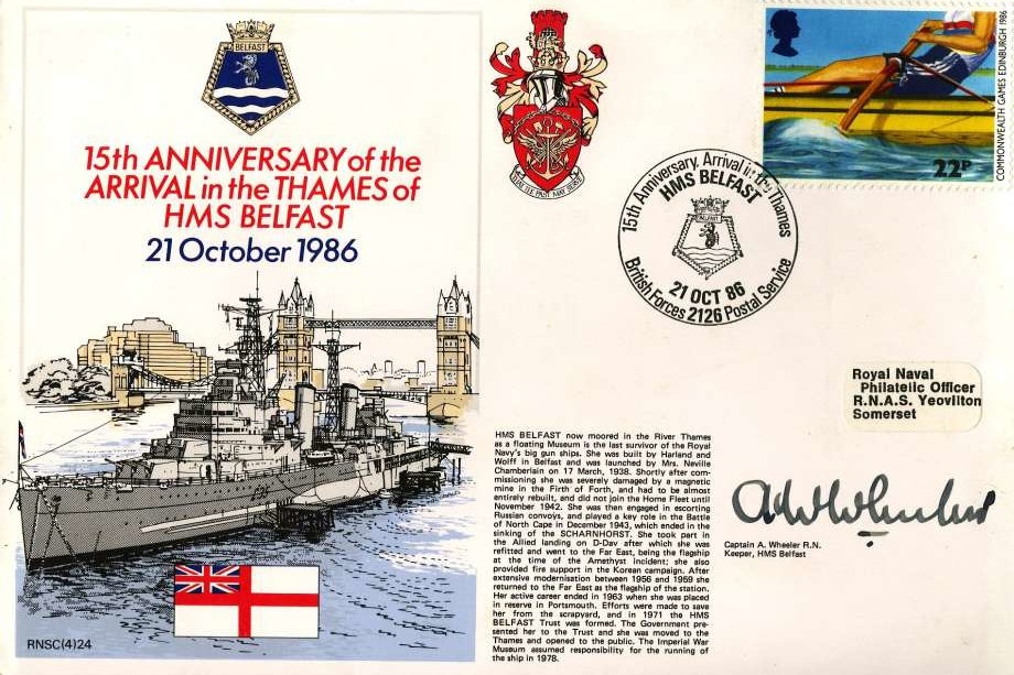 HMS Belfast cover Signed by Captain A Wheeler the Keeper of HMS Belfast