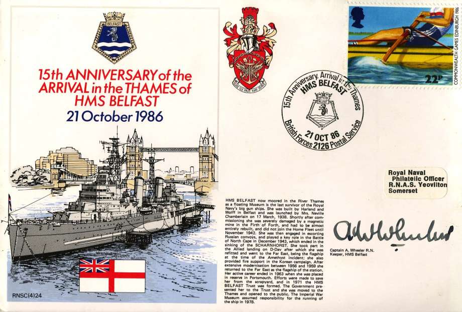 HMS Belfast cover Signed by Captain A Wheeler the Keeper of HMS Belfast