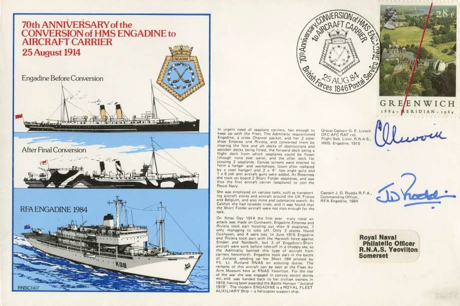 Conversion of HMS Engadine to Aircraft Carrier cover Signed by Group Captain G E Livock who was a Flight sub Lt RNAS with HMS Engadine 1915 and Captain J D Roddis the CO of RFA Engadine 1984
