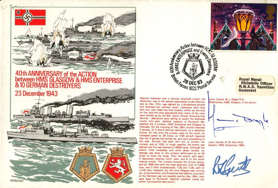 Royal NavyHMS Glasgow and HMS Enterprise and 10 German Destroyers cover Signed by Lt Cdr R M Gent the Captain of HMS Enterprise 1983 and Lt Cdr W J Diggle a Midshipman with HMS Glasgow in this Action