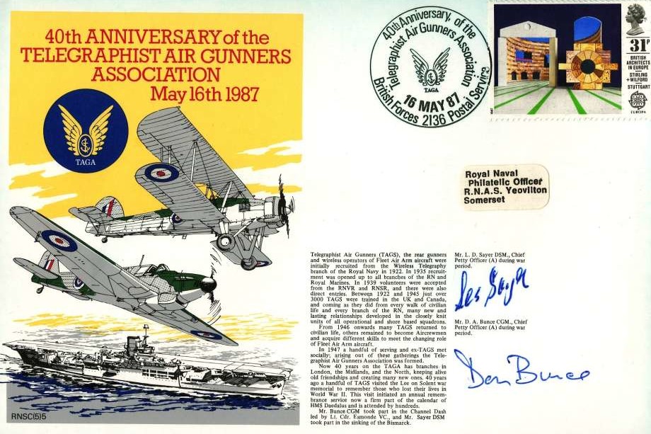 Telegraphist Air Gunners Association cover Sgd by L D Sayer a CPO and D A Bunce a CPO during the war