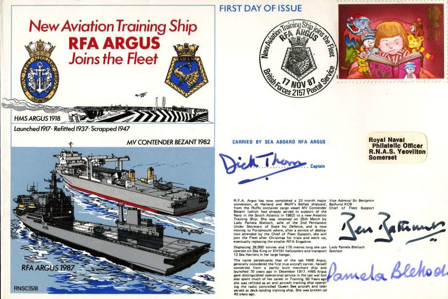 RFA Argus Joins the Fleet cover Signed by the Captain of RFA Argus Vice Admiral Sir Benjamin Bathurst the Chief of Fleet Support and the sponsor Lady Pamela Blelloch