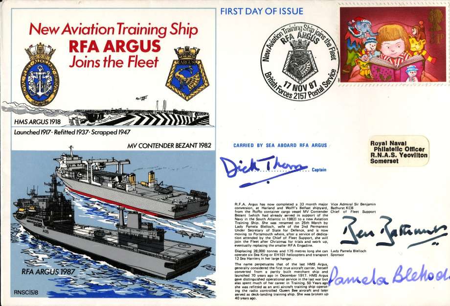 RFA Argus Joins the Fleet cover Signed by the Captain of RFA Argus Vice Admiral Sir Benjamin Bathurst the Chief of Fleet Support and the sponsor Lady Pamela Blelloch