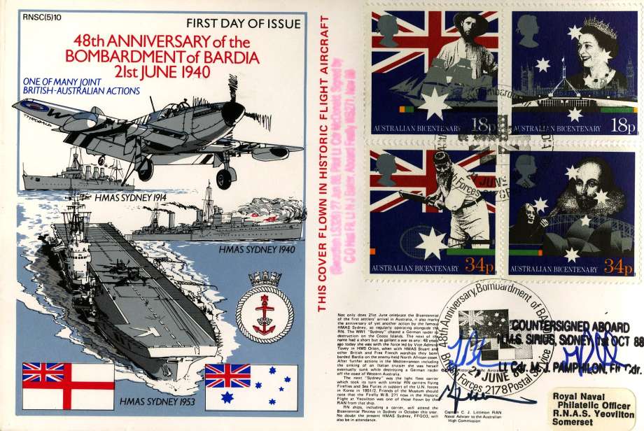 Bombardment of of Bardia cover Signed by Captain C J Littleton the Naval Adviser to the Australian High Commission and Countersigned aboard HMS Sirius 1st October 1988