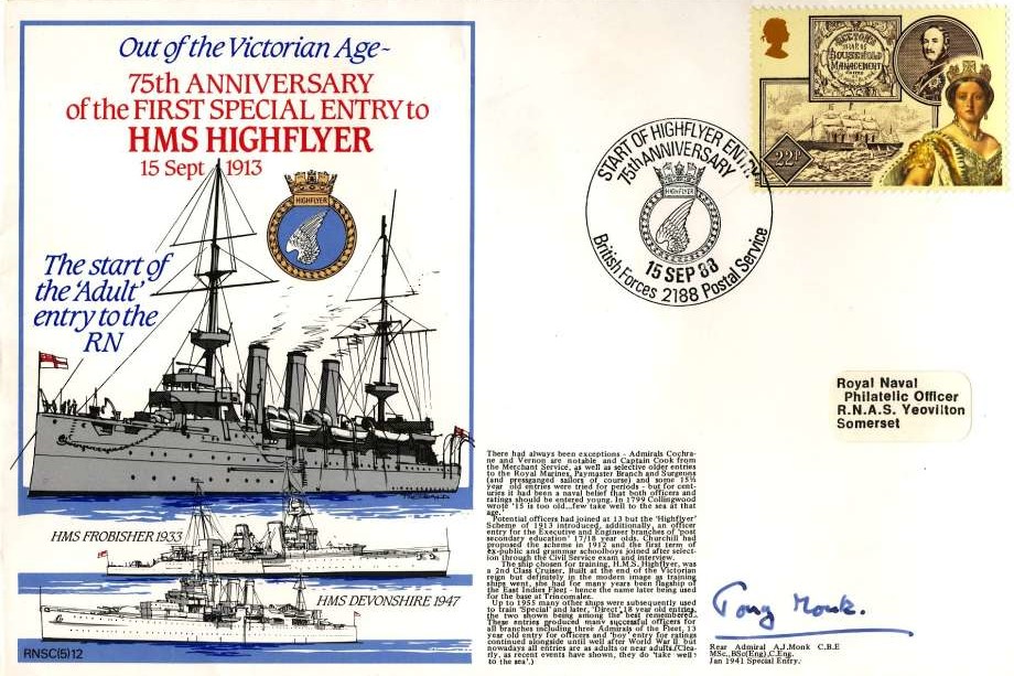 HMS Highflyer cover Signed by Rear Admiral A J Monk a Special Entry in January 1941
