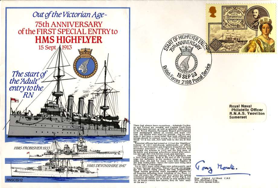 HMS Highflyer cover Signed by Rear Admiral A J Monk a Special Entry in January 1941