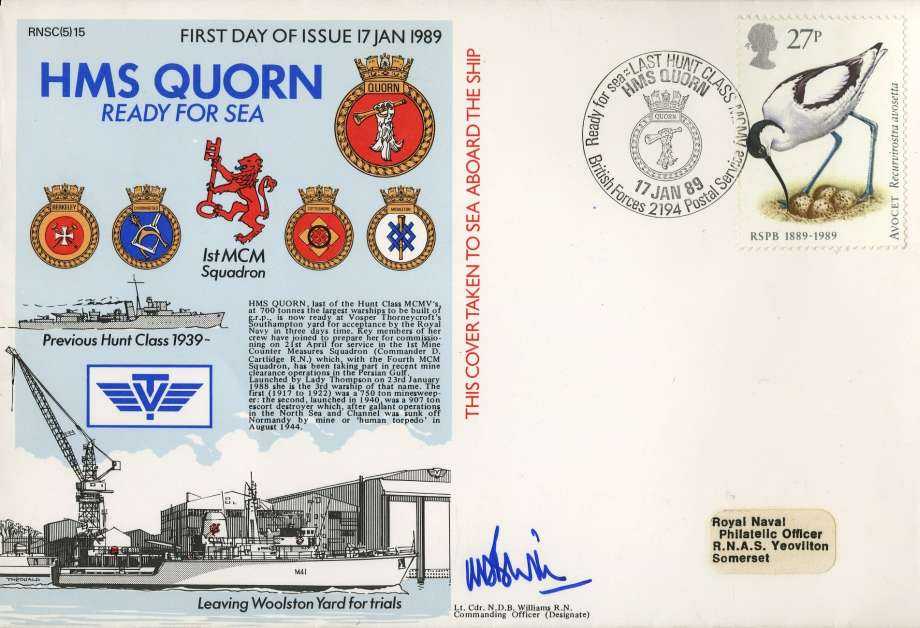 HMS Quorn cover Signed by Lt Cdr N D B Williams the Commanding Officer Designate