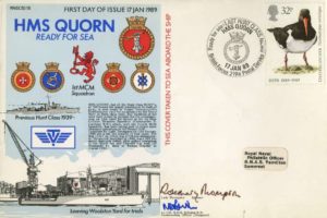 HMS Quorn cover Sgd by Lt Cdr N D B Williams the Commanding Officer Designate and the Sponsor Lady Thompson