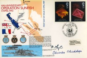 Operation Sunfish cover Signed by CCommander B A MacCaw of 888 Squadron at that time and Admiral Sir Charles Madden the Captain of HMS Emperor at that time