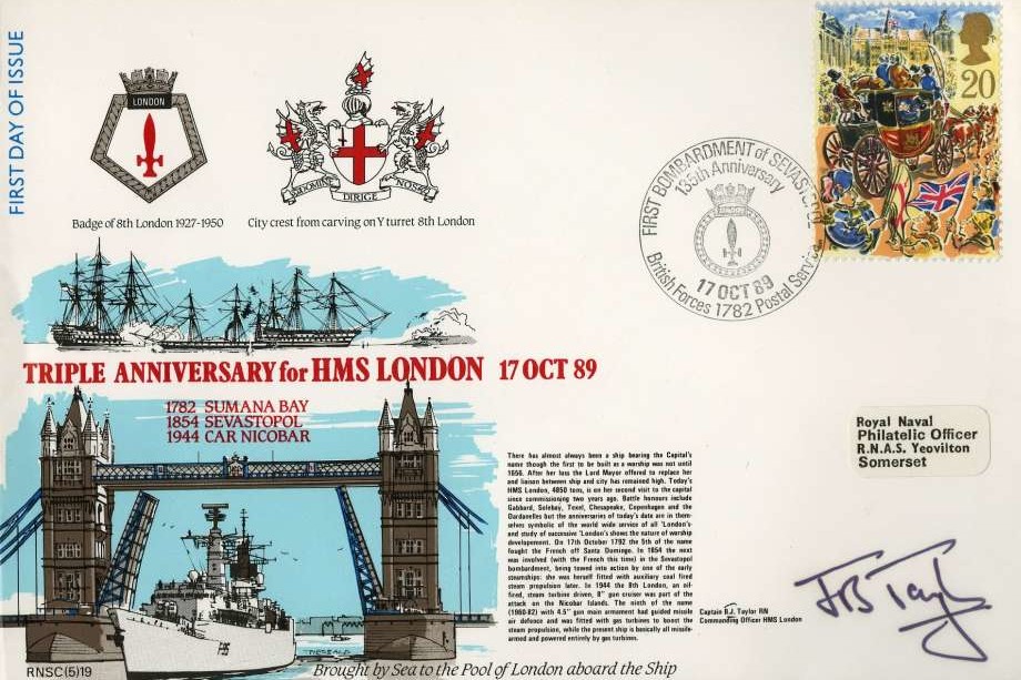 HMS London cover Signed by Captain J B Taylor the CO of HMS London