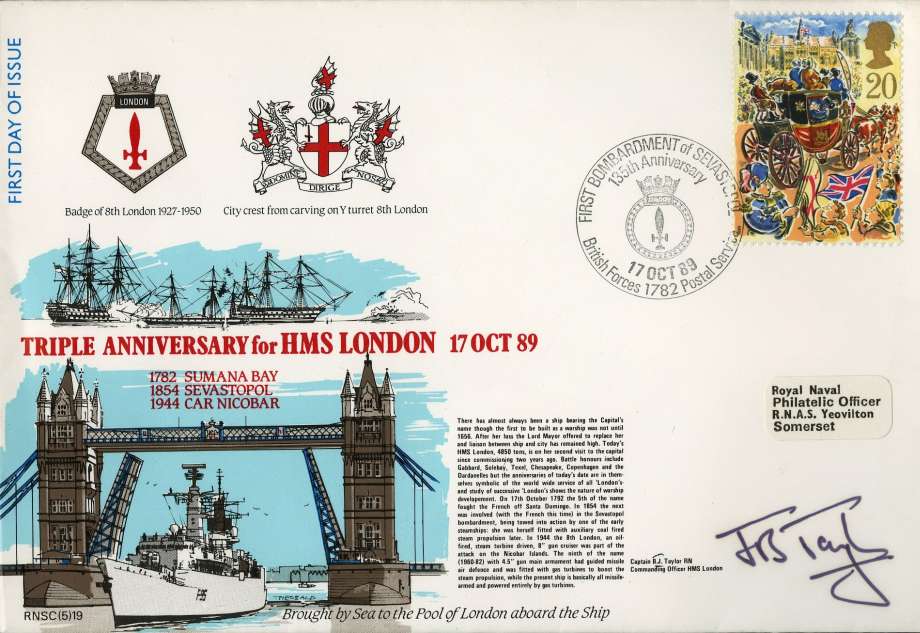 HMS London cover Signed by Captain J B Taylor the CO of HMS London