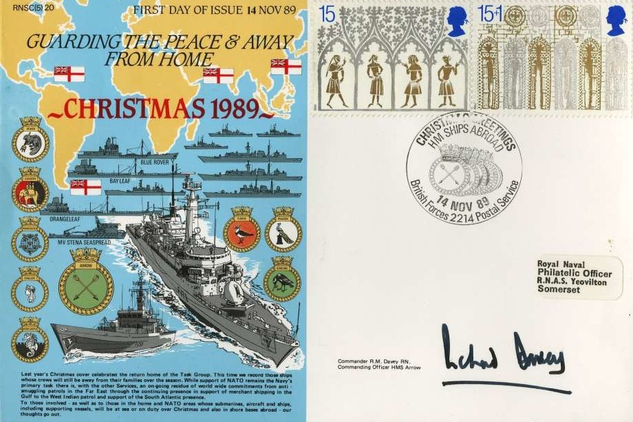 Christmas 1989 cover Signed by Commander R M Davey the CO of HMS Arrow